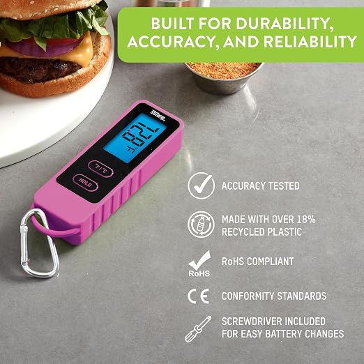 Taylor TruTemp Compact Digital Folding Meat Thermometer with Carabiner Clip for Grilling, BBQ, Kitchen & Food, Gadget Essential, Gifts, Pink