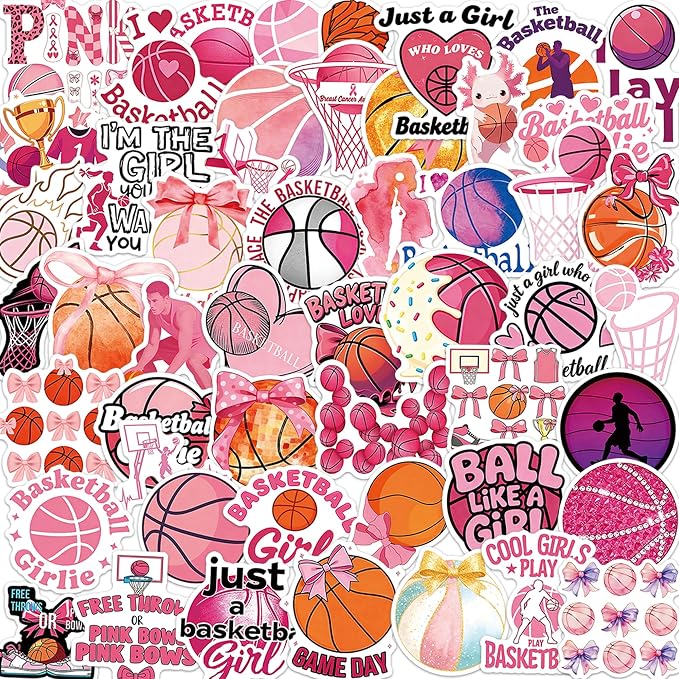 50 Pcs Pink Basketball Stickers for Scrapbooking, Waterproof Vinyl Girl Sport Stickers for Laptops Water Bottles Journals, Cute Bow Ball Decals for Kids Teens Girls