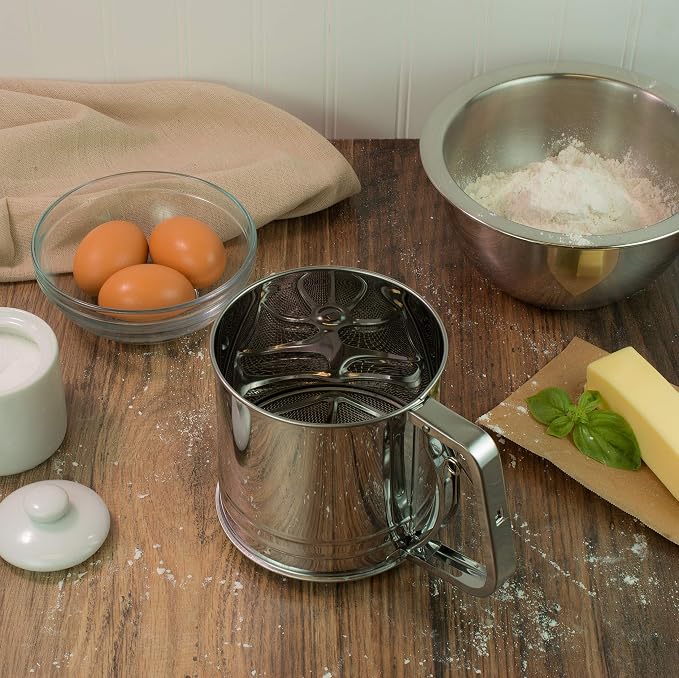 Mrs. Anderson's Baking Hand Squeeze Flour Sifter, Stainless Steel, 3-Cup Capacity, For Breaking Up Clumps And Aerating Flour And Powdered Sugar