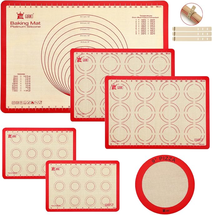 GUANCI Silicone Baking Mat Set of 6, Includes 25"x17.5" Large, 2 Medium 16.5"x11.6", 2 Small 11.75"x8.25", 9" Round, All Mats 0.70mm Thick, Non-Stick Reusable Baking Mats for Pizza, Cookie, Bread