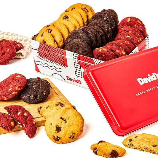 David's Cookies Fresh-Baked Sweet Sampler Mini Bites Tin - 14oz Assorted Mini Cookies with Chocolate Chip, Chocolate & White Chocolate Chip & Red Velvet - Delicious Gourmet Gift For All Occasions