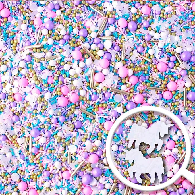 Sprinkle Pop Unicorn Sprinkle Mix| Pastel Pink Purple Blue White Sprinkles with ~10 Unicorn Wafer Paper and Gold Dragees Made in USA for Decorating Princess Birthday Cakes Cupcakes Donuts Cookies, 2oz