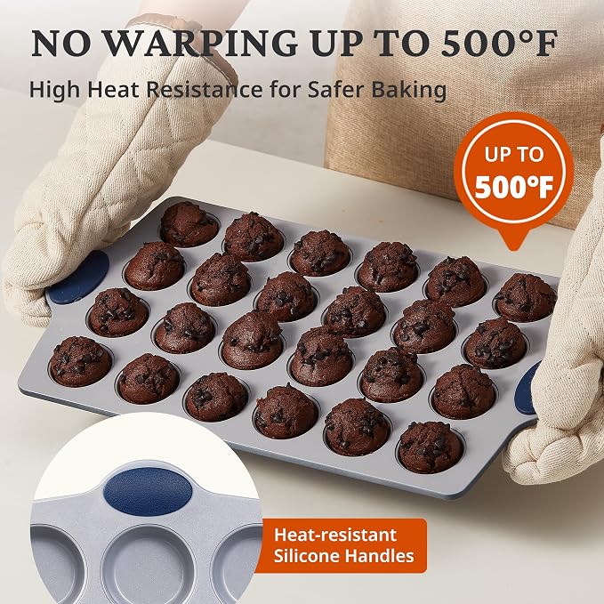 BRONYPRO 24-Cup Non Toxic Nonstick Ceramic Mini Muffin Pan & Cupcake Tin, PFOA & PFOA Free, Heavy Duty Rust-Resistant Aluminized Steel, Oven & Dishwasher Safe, Blue