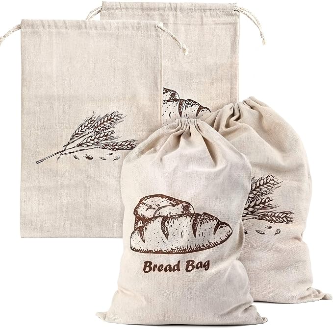 Bread Bags, 2-Packs Linen Bread Bags for Homemade Container, 17.3×11.6 Inches Unbleached&Reusable Bread Storage,Natural Large Storage for Artisan Bread,With 2 Pieces Breads Clips