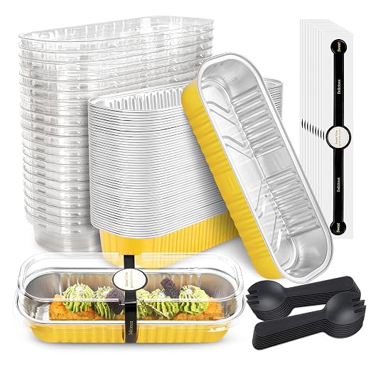NPLUX 50 Pack Mini Cake Pans with Lids and Spoons Gold Rectangular Aluminum Foil Baking Pans Mini Cheesecake Containers, Graduation Gifts Party Favors(6.8oz)
