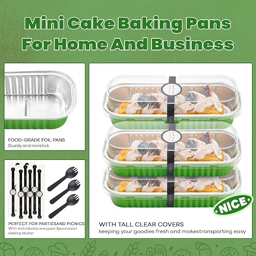 NPLUX 50 PACK Mini Cake Pans with Lids and Spoons, Rectangular Aluminum Foil Bread Pan, Mini Loaf Pans and Food Containers with Lids for Graduation Gifts Party Favors(Grass Green, 6.8oz)