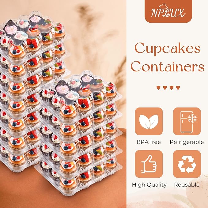 NPLUX 12 Count Cupcake Containers 6 Pack Cupcake Holders Plastic Clear Reusable Cupcake Containers with Detachable Tall Dome Lids Stackable Cupcake Boxes for 72 Cupcakes, BPA Free, Standard Size