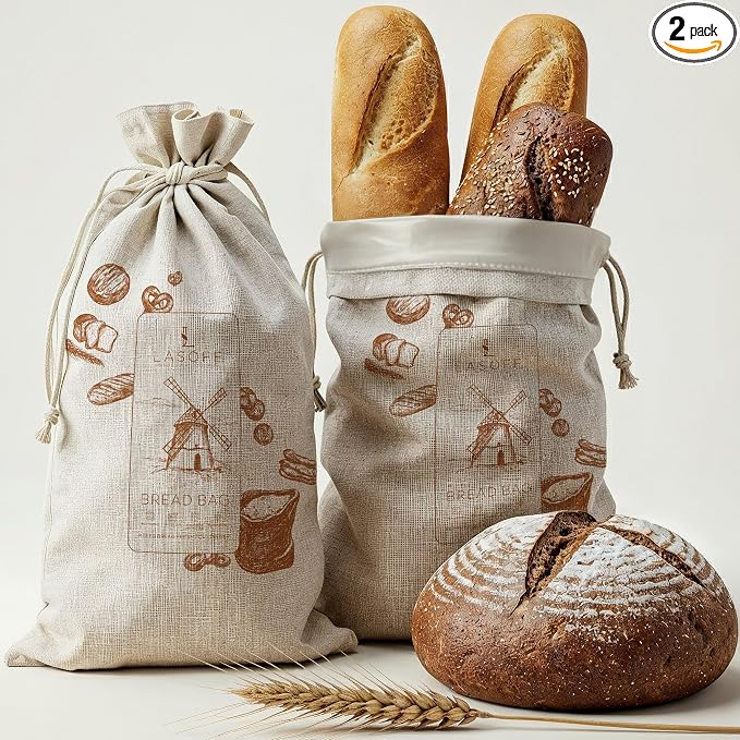 Reusable Linen Bread Bags, 2 Pack for Homemade & Sourdough | Cloth linen bread bags with BPA-free TPU liner and drawstring closure to keep homemade and sourdough loaves fresher