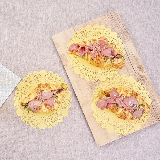 Pastry Tek 8 x 8 Inch Paper Lace Doilies, 100 Disposable Table Doilies - Elegant Lace Finish, Long Lasting, Orange Paper Doily, for Pastries, Cupcakes, Desserts - Restaurantware