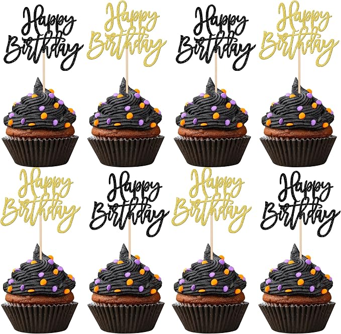 24 PCS Happy Birthday Cupcake Toppers Glitter Happy Birthday Cupcake Picks for Celebrating Anniversary Theme Party Cake Decorations Supplies Black Gold