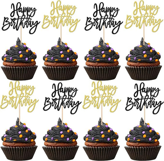 24 PCS Happy Birthday Cupcake Toppers Glitter Happy Birthday Cupcake Picks for Celebrating Anniversary Theme Party Cake Decorations Supplies Black Gold