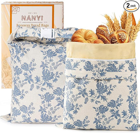 2-Pack Reusable Beeswax Bread Bags for Sourdough & Homemade Bread，Cotton Waxed Bags Keeps Fresh Longer(Navy Bloom)