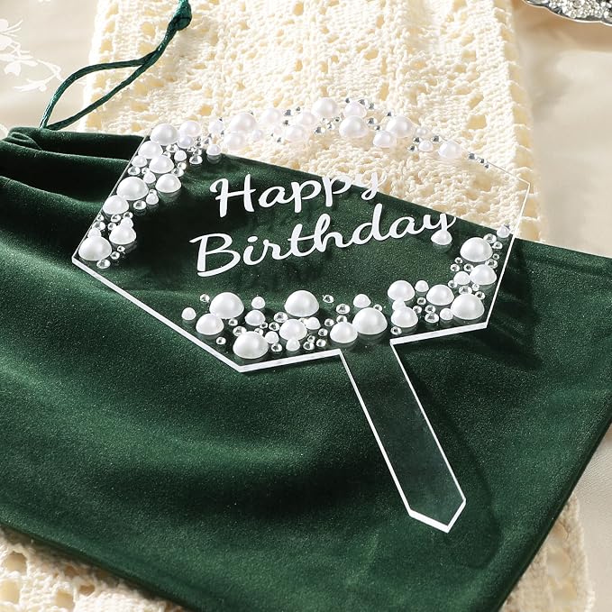 Coucoland Birthday Cake Topper - Hexagon Acrylic Cake Decor with Sparkling Rhinestones and Pearls for Party Supplies