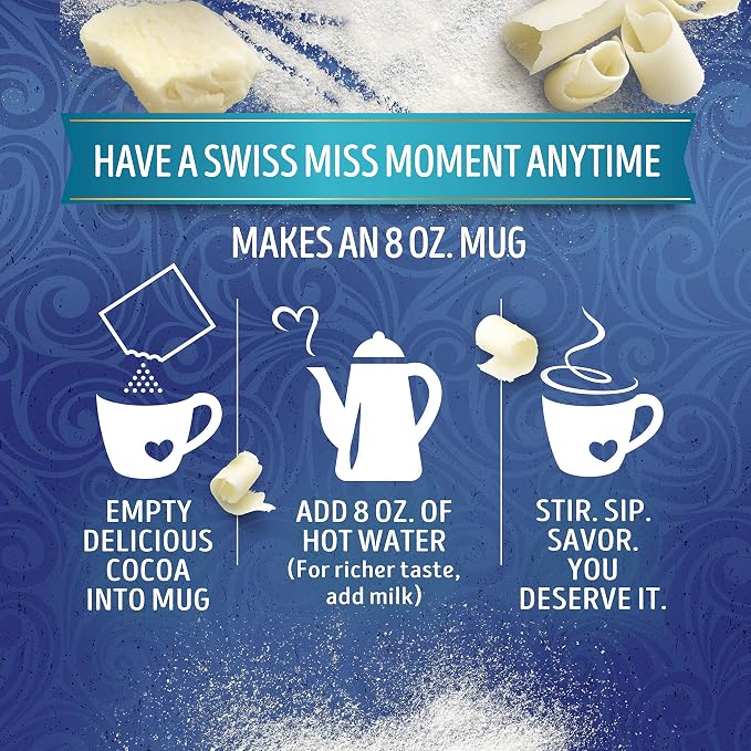 Swiss Miss White Chocolate Flavored Hot Drink Mix, Hot Cocoa Bar Supplies, 1.38 oz., 8-Count Envelopes (12 Boxes)