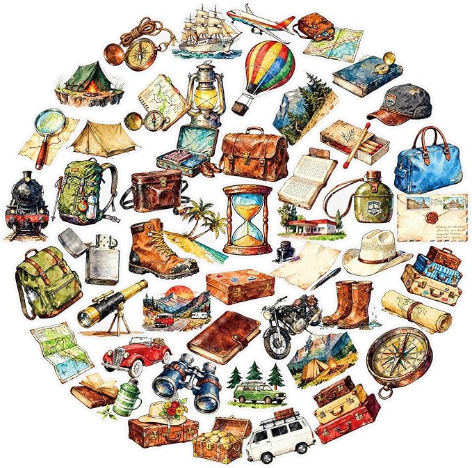 56 pcs Watercolor Vintage Travel Adventure Clear PET Stickers, Camping Hiking Compass Map Luggage Transparent Die-Cut Decals, Waterproof Stickers for Journal Scrapbook Planner DIY Outdoor Craft Decor