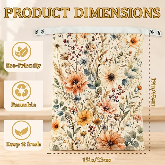 2 Pack Beeswax Linen Boho Flowers Bread Bags, Botanical Leaves Reusable Fresh Keeping Bags for Sourdough & Baguette, Freezable Portable Bread Storage Container 17×13''