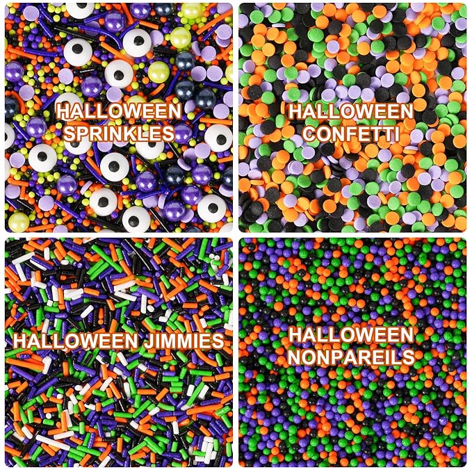 Halloween Sprinkles 4 Cell Edible Candy Eyeball Mix Orange Black Purple Green Sprinkle Jimmies Nonpareils Perfect for Cake Decorations Baking Ice Cream Cookies Cupcake Topper 6.5OZ