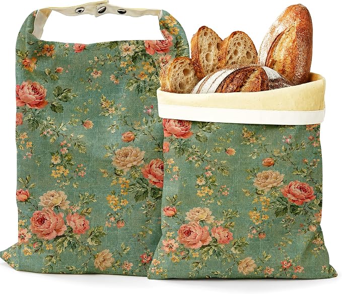 Pink Rose Bread Bags for Homemade Bread, Botanical Vine 2 Pack Linen and Beeswax Sourdough Storage Bags, Reusable Keeper, Keeps Breads Fresh Longer, Gifts for Bakers
