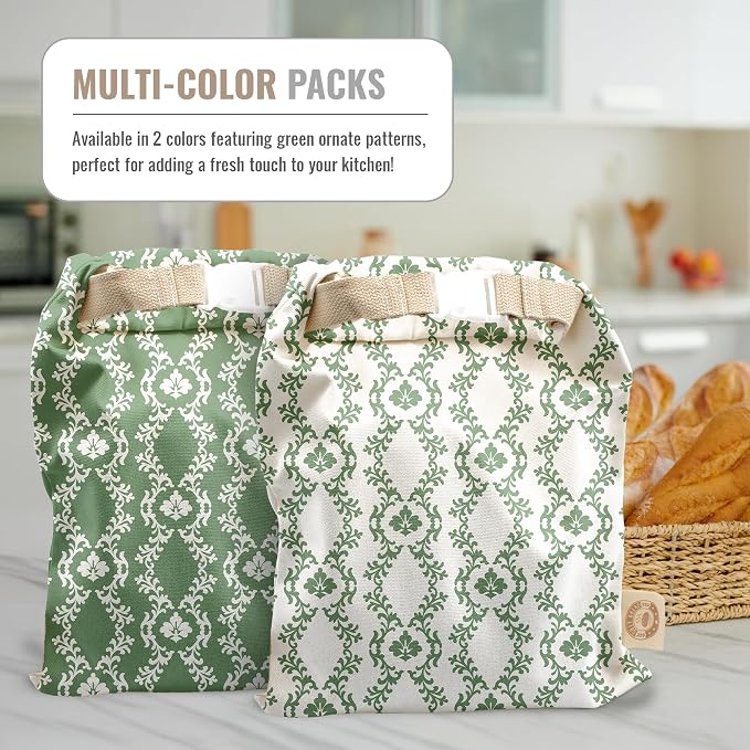 Cozy Bread® Reusable Bread Bag Set for Home Bakers | USA Brand | Charming Bread Designs (Green Ornamental)