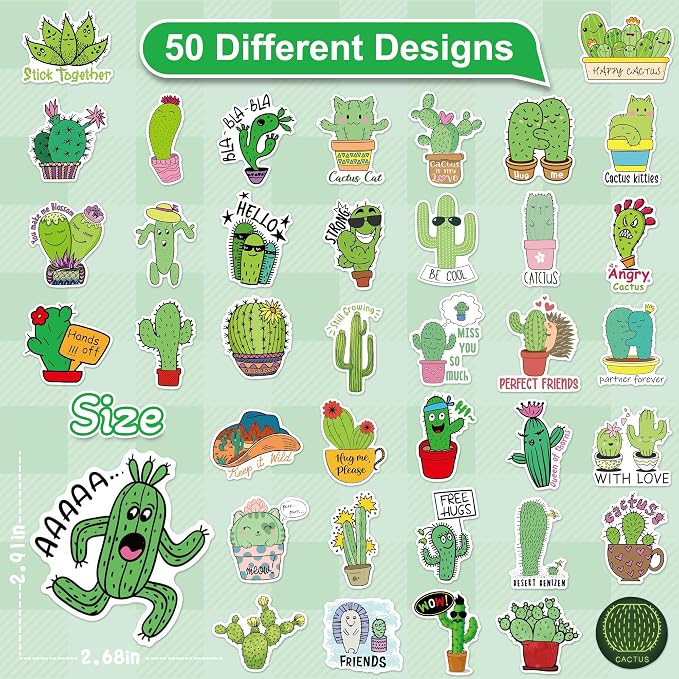 50 Pcs Green Cactus Stickers for Water Bottles, Waterproof Vinyl Cute Plant Stickers for Scrapbook Laptops, Green Decorative Decals for Kids Boys Girls Teens