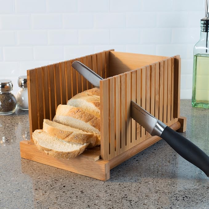 Classic Cuisine Bamboo Bread Slicer - Foldable, Adjustable Knife Guide and Board for Even Loaf Cutting - Food Preparation Tool for Home Bakers