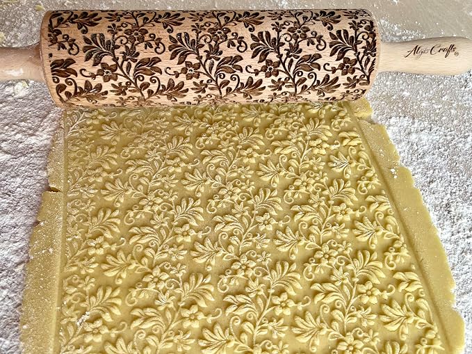 FLORAL WREATH Embossing Rolling Pin with Flowers Pattern. Dough and Clay Roller for Embossed Cookies and Pottery. Cookie and Ceramic Stamp. Backing Gifts for Women by Algis Crafts