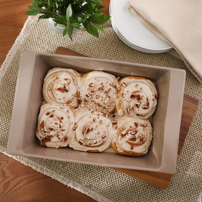 Gibson Elite 2.75-Quart 13.5" x 8.5" Stoneware Baking Dish with Acacia Wood Lid – Taupe Rectangular Oven Safe Baker for Casseroles, Roasting & Serving