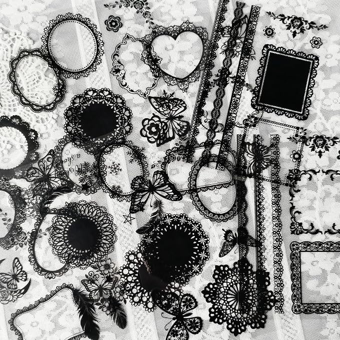 130 Pcs Vintage Black White Lace Scrapbook Stickers - Classic Butterfly Feather Heart Embellishments for DIY Journal Wedding Photo Album Craft Decor, Fade-Resistant Waterproof Reusable