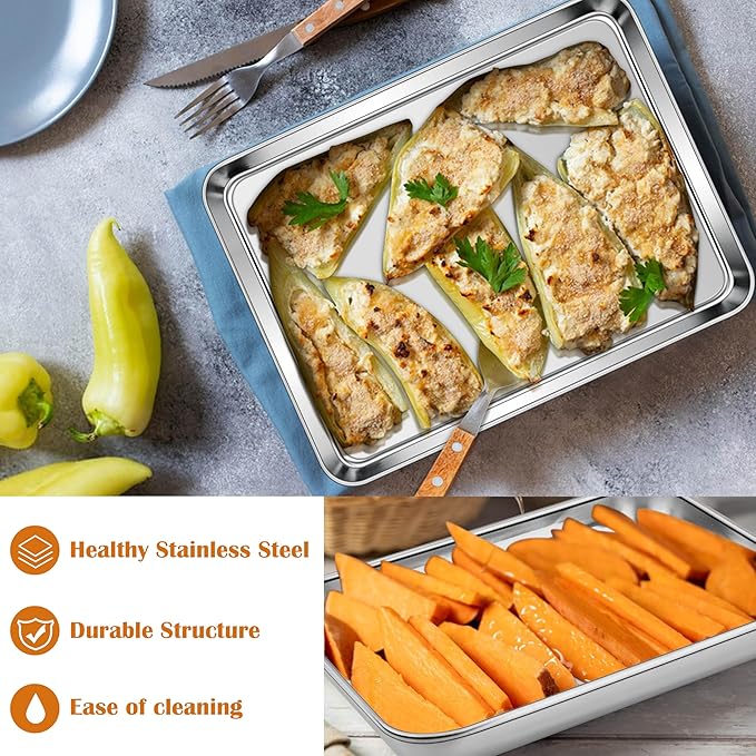 E-far Small Baking Sheet, 10.5”x8.3” Stainless Steel Toaster Oven Tray, Compact Non-toxic Metal Baking Pan for Cookie & Cake, Healthy & Rust Free, Mirror Finish & Dishwasher Safe, 1 Pack