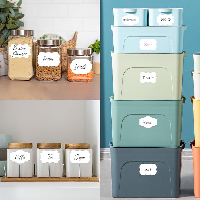 300 PCS White Stickers, 5 Fancy Shapes Labels Blank Stickers Roll White Name Tags with Permanent Adhesive for File Folders, Food Jars, Gift Tags, Home Office Business Uses (2” x 3”)