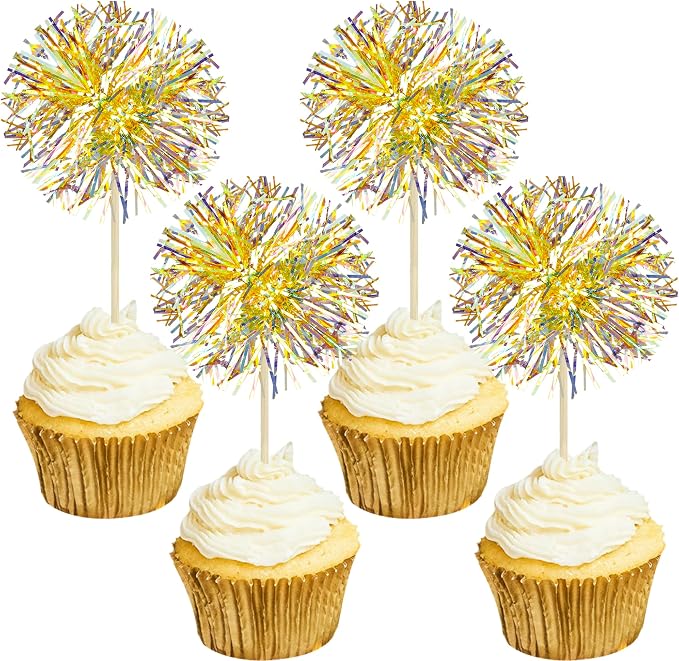 Gyufise 30Pcs Foil Firework Cupcake Toppers Sparkle Tinsel Cake Toppers Tinsel Drink Cake Decoration Cocktail Picks for Halloween Birthday Wedding Graduation Party Supplies Laser Yellow