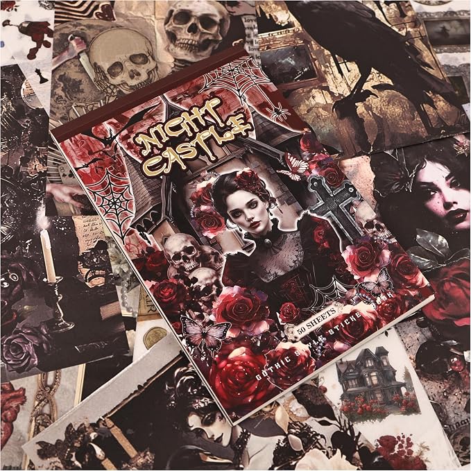 Halloween Stickers for Adults, 50 Sheets Precut Dark Aesthetic Gothic Scrapbook Washi Sticker Book for Junk Journal Supplies, Journaling, Scrap Book Suply