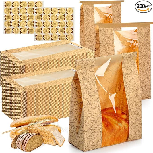 Feifeiya 200 Pack Kraft Paper Bread Bags for Homemade Sourdough Bread Bag with Clear Window 13.7 x 8.2 x 3.5 Large Bakery Packaging for Treat Storage Gift Giving with Seal Sticker