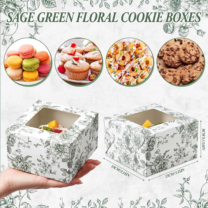 100 Pack Sage Green Floral Cookie Boxes with Window, Chinoiserie Small Bakery Treat Boxes for Pastry Donuts Macaroon Cupcakes, Wedding Bridal Shower Birthday Tea Party Baby Shower Favors