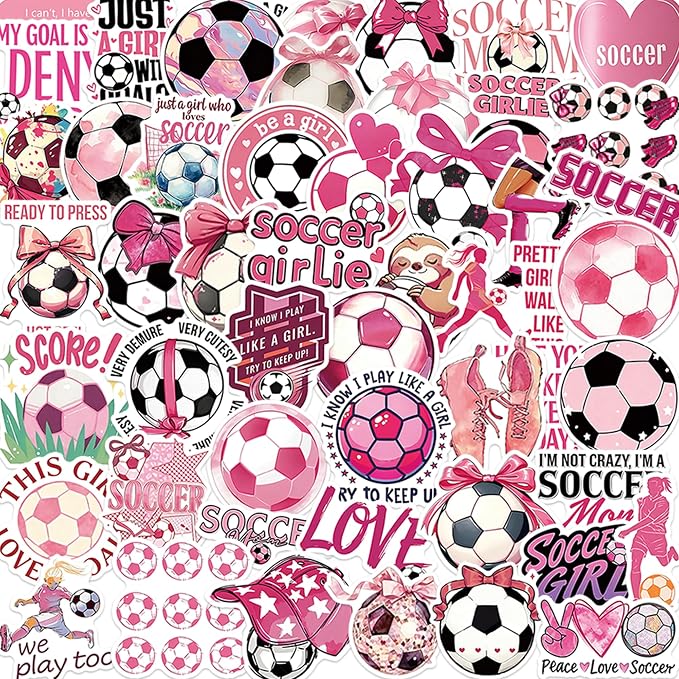 50 Pcs Soccer Stickers for Scrapbooking, Waterproof Vinyl Pink Soccer Stickers for Laptops Water Bottles Journals, Cute Soccer Girlie Decals for Adults Teens Girls