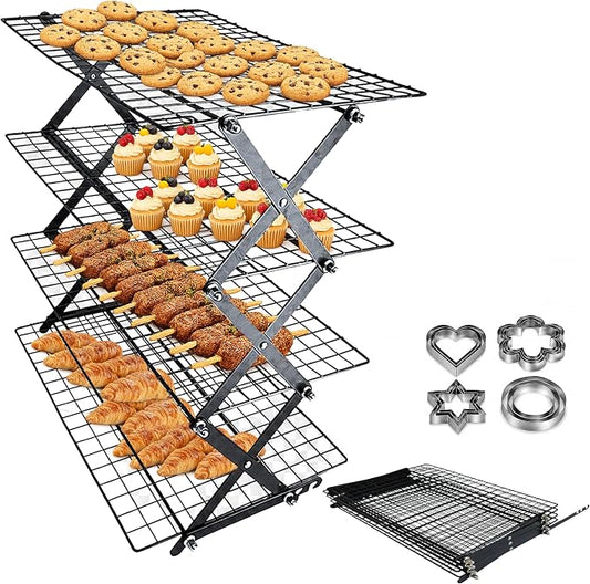 4 Tier Collapsible Cooling Rack for Baking with 12 Piece Cookie Cutter Set - Adjustable Stackable Wire Baking Rack, 3 Setting Design, Space Saving for Cookies, Cakes & Bread