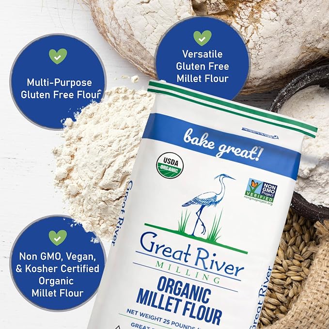 Great River Milling Organic Millet Flour | USDA Organic, Naturally Gluten Free, Non-GMO, Vegan, Kosher | Mild, Nutty Flavor for Baking, Flatbreads, Pancakes & Porridge | 25 Lb