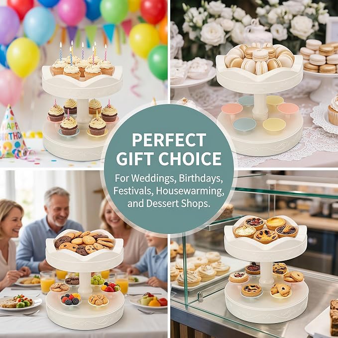 Cupcake Holder, 2 Tier 360 Rotating 8.7x8.7x4.5 inch Cup Cake Holder, Cupcake Containers with 6 Small Trays, for Wedding Birthday Party Supplies