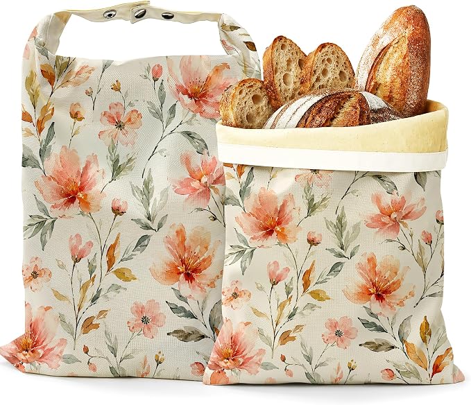 2 Pack Beeswax Linen Peach Blossom Bread Bags, Watercolor Floral Reusable Fresh Keeping Bags for Sourdough & Baguette, Freezable Portable Bread Storage Container 17×13''