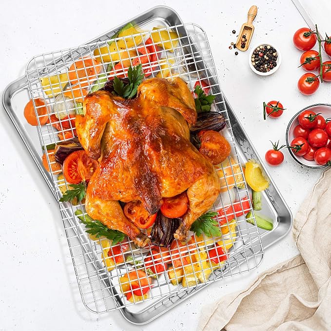 TeamFar Cooling Racks, 2 Pack Stainless Steel Grid Wire Rack for Baking Roasting Grilling Drying, 15.3’’ x 11.2’’, Metal Mesh Oven Rack for Chicken Bacon Cookies, Non-Toxic & Dishwasher Safe