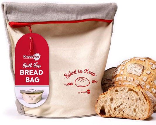 KNEADACE Reusable Bread Bags for Homemade Bread -Stylish Sourdough Bread Storage with Roll-Top Design, 100% Cotton & Food-Safe Lining, Freezer & Refrigerator Friendly, Gift for Bakers (Gray/Cream)