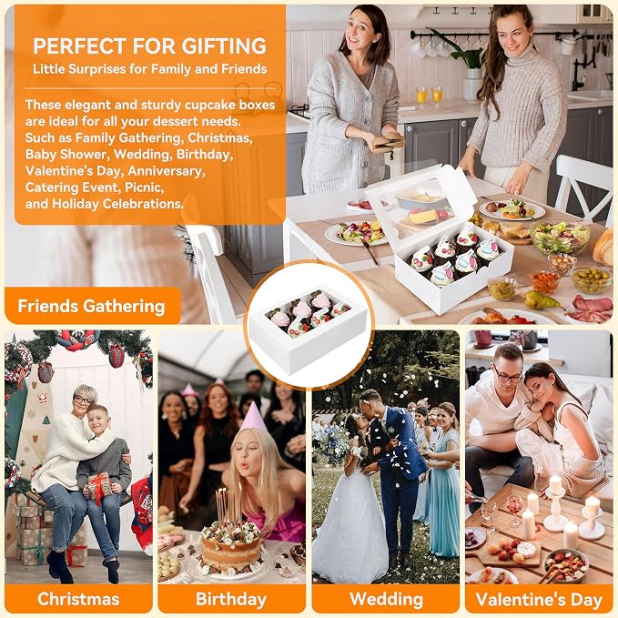 10-Set Cupcake Boxes Bulk with Clear Display Window Hold 6 Standard Cupcakes, Disposable Food Grade White Cupcake Carrier Cupcake Container, Perfect for Cupcakes Muffins Cookies Pastries