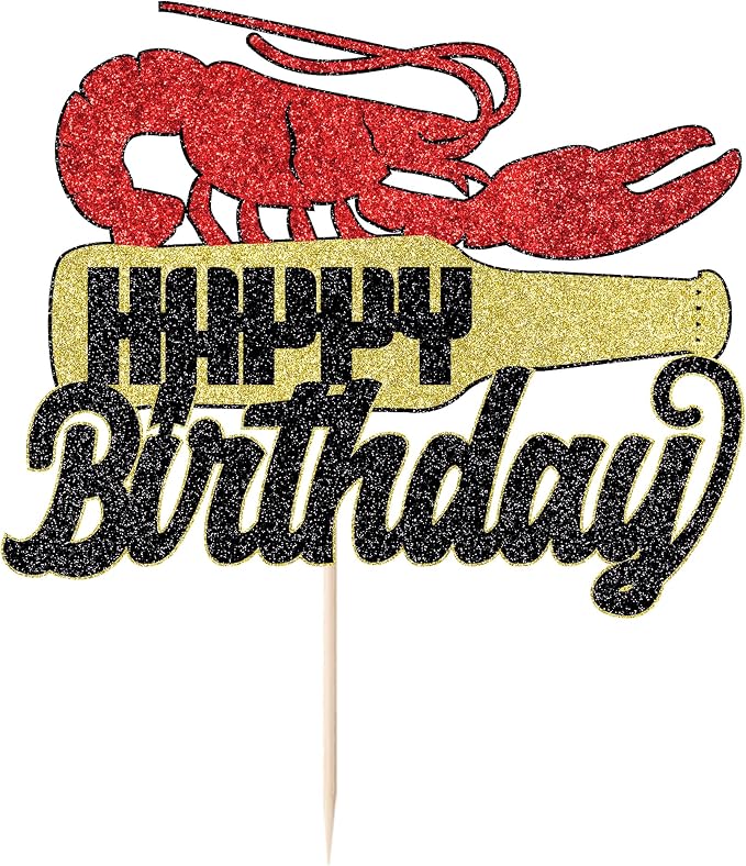 Lobster Cake Topper, Glitter Lobster Happy Birthday Party Decoration，Lobster Themed Baby Shower Birthday Party Cake Decoration Supplies, Black