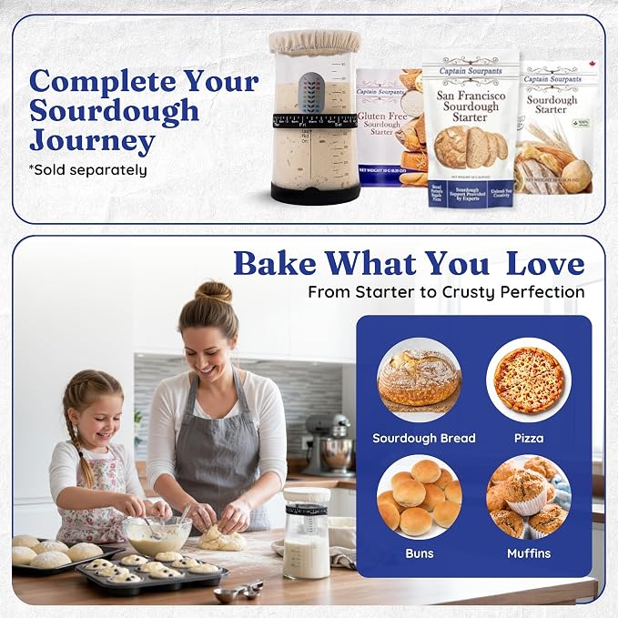 Pro Sourdough Starter Kit -37oz Wide Mouth Sourdough Starter Jar Kit for Bread - Large Glass Sourdough Jar, Feeding Band, Cloth Cover, Spatula & Thermometer–Best Sourdough Bread Kit for Beginners