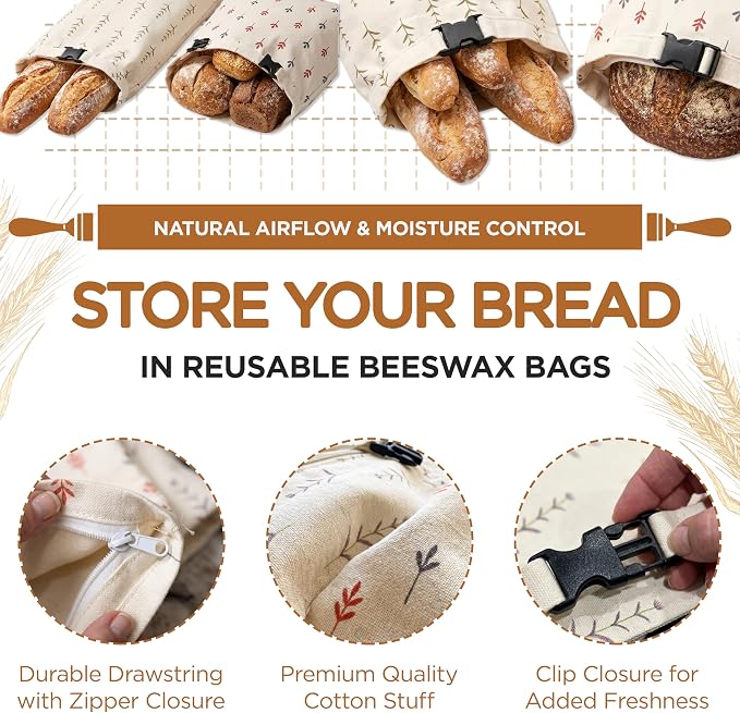 Pack of 2 XL Beeswax Bread Bags with 1 sordough Cloth, Zipper Reusable Cotton Linen Bread Bags for Homemade Bread Storage, Natural Beeswax Bread Bag, Freezer Safe Ecofriendly Bread Keeper