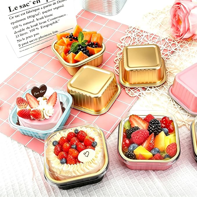 60Pack 5oz Mixcolor Mini Cake Pans with Lids Baking Cups Aluminum Foil Pans Tins, Individual Dessert Cups Containers for Sales,Party,Picnics