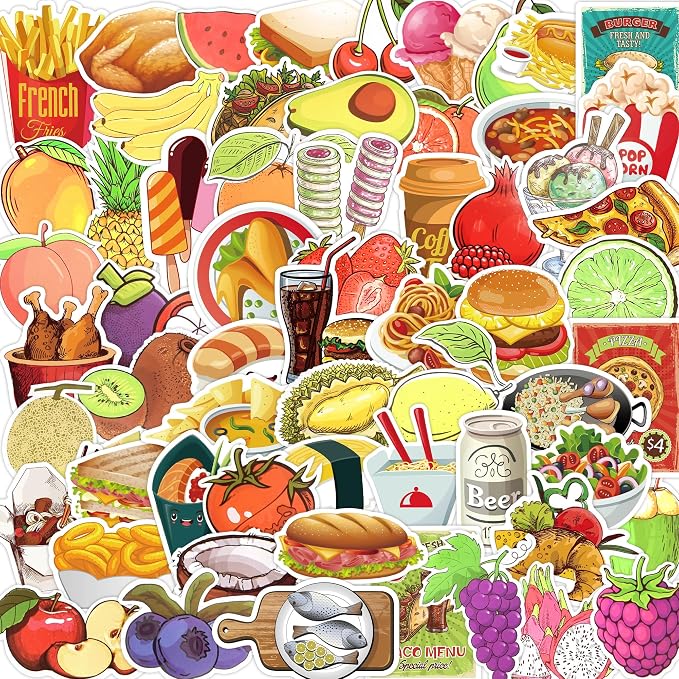 100 Pcs Food Fruit Stickers for Kids Teens Water Bottles Laptops Scrapbook Decoration Party Favors Classroom Rewards Cute Vegetable Snack Waterproof Vinyl Decals