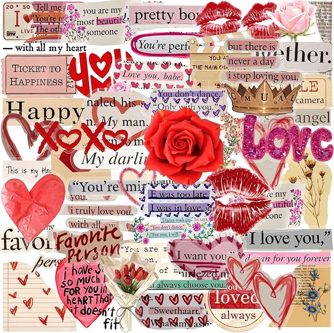 Valentine's Day Stickers for Adults,Teens, 50PCS PET Transparent Waterproof Adhesive Lover Decals Wife Sticker for Adult Birthday Party Laptop Water Bottle Guitar Scrapbook Phone Case