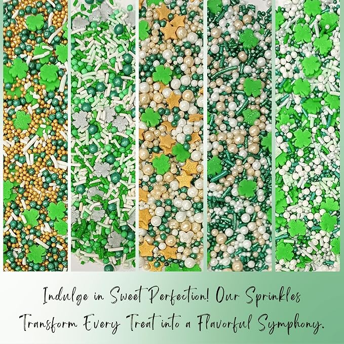 Confect Edible Sprinkles Mix Pack of 5 | Green, Gold, Silver & White Clover Leaf Sprinkles for Baking – Cake, Cupcake & Cookie Decorations for St. Patrick’s Day, Birthday & Party Treats | Vegan, Gluten-Free, Nut-Free, Soy-Free, Dairy-Free, Palm Oil-Fre...
