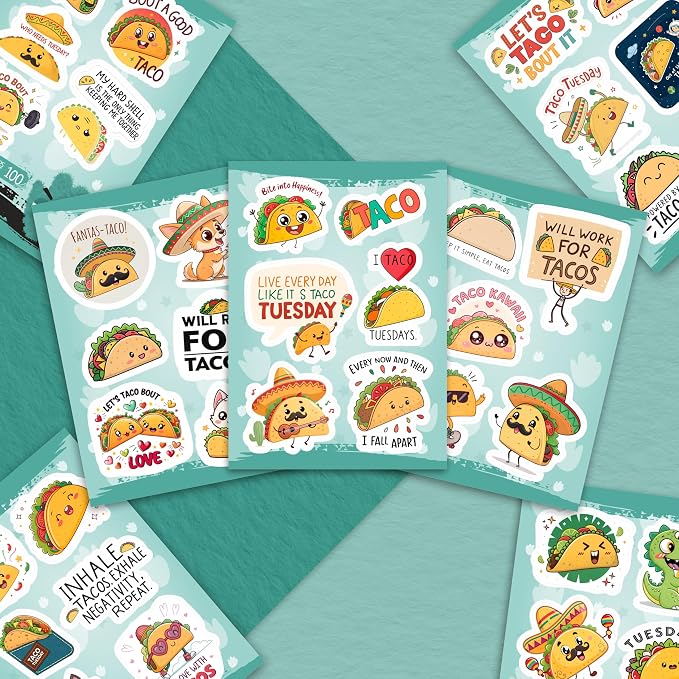 100Pcs Taco Stickers for Adults Vinyl - Mexican Food Stickers for Water Bottles, Scrapbooking, Laptop - Mexican Party Favors, Decorations - Gifts for Taco Lovers - Gift for Women & Men